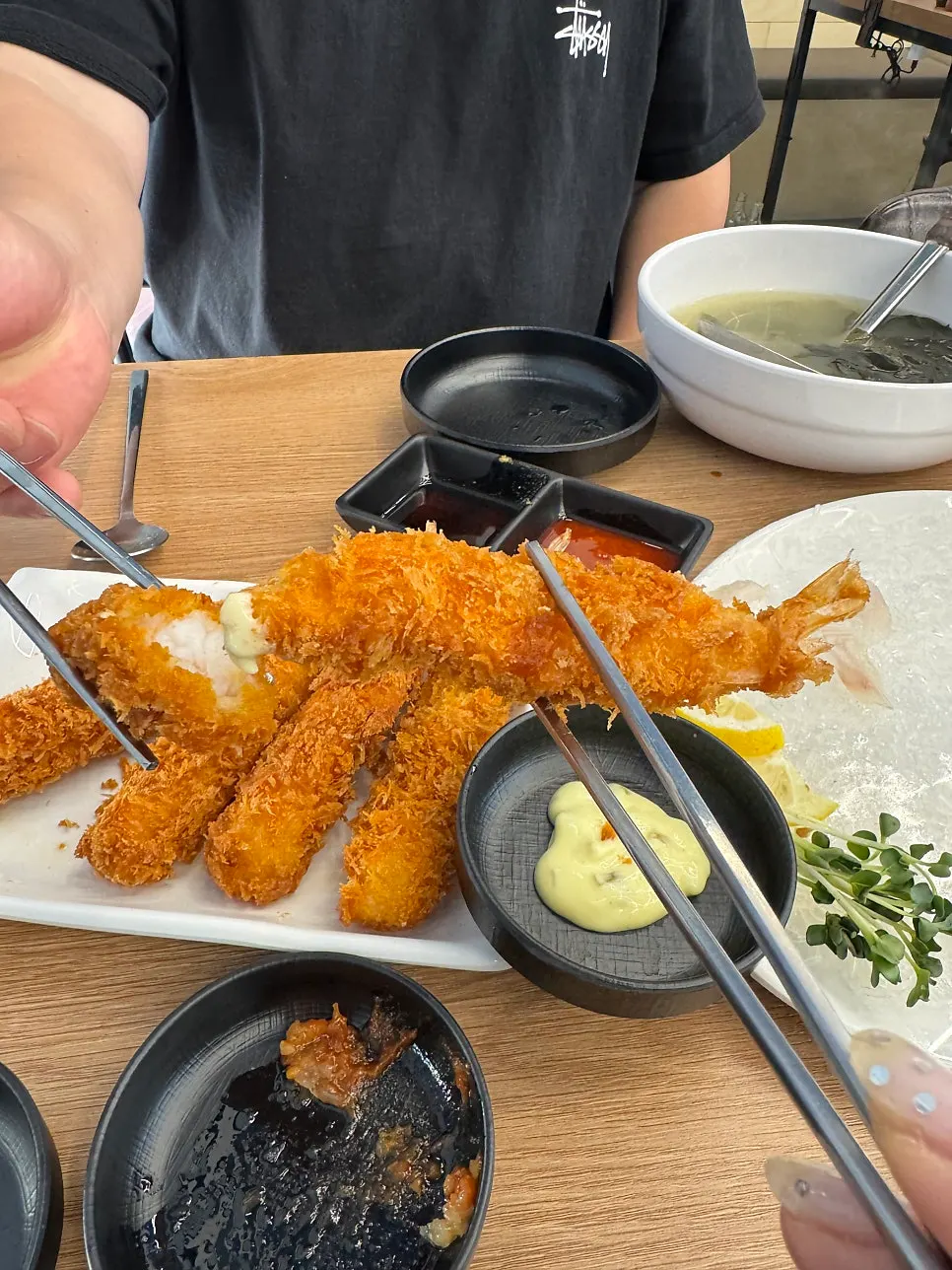 Cross-section of fried shrimp showing plump meat
