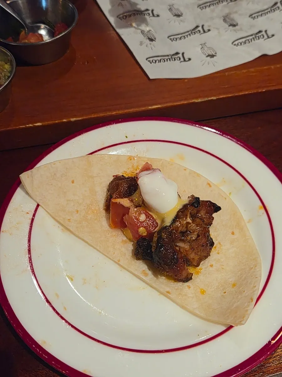 A tortilla wrapped with meat and sauce, fajita-style