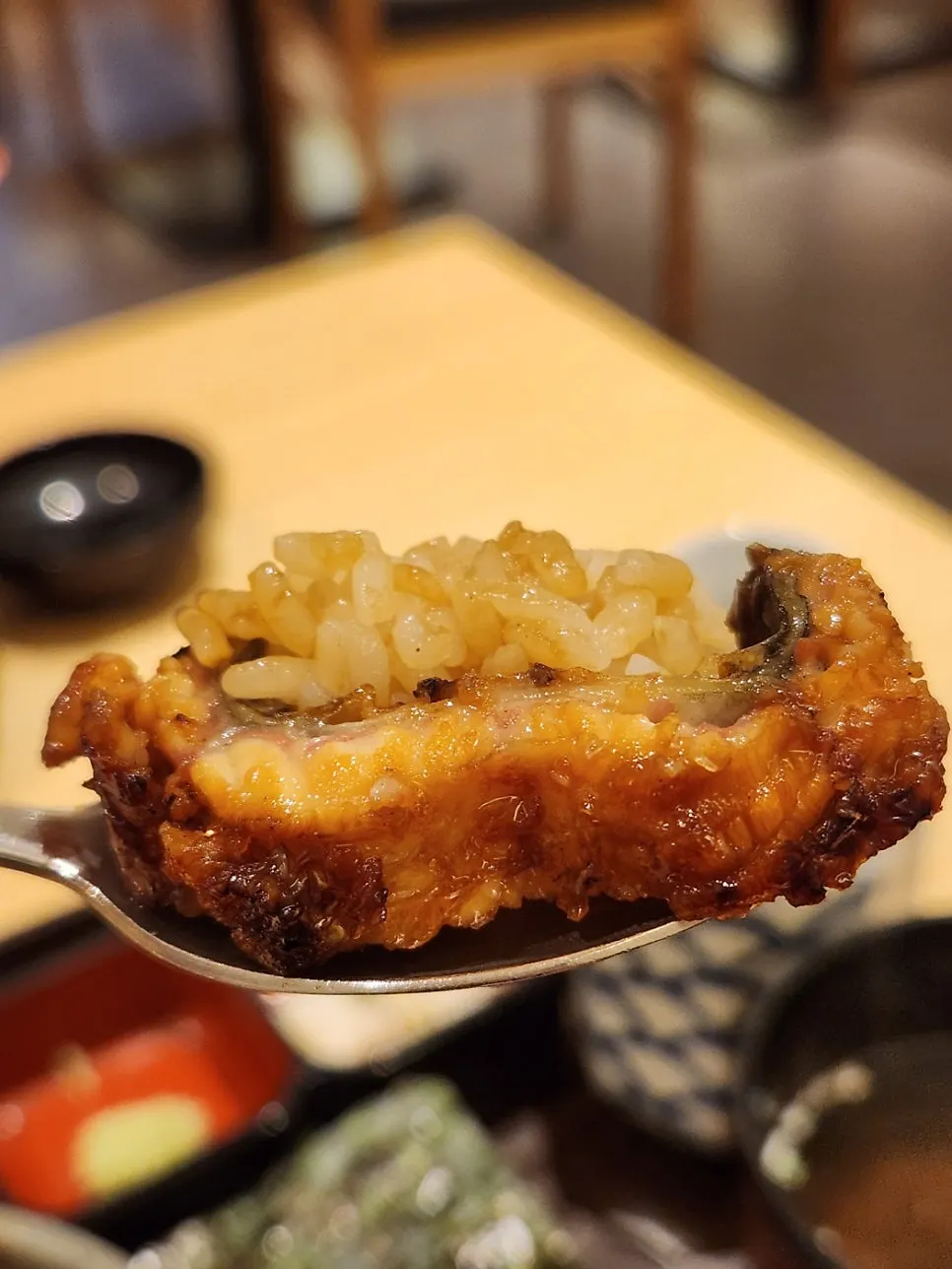 A scoop of smoky eel and rice together