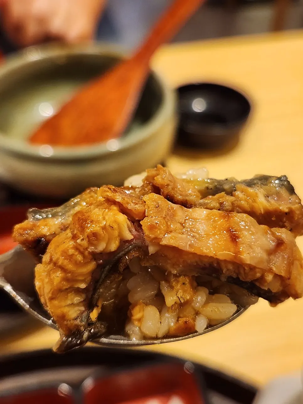 A bowl of eel rice with radish and wasabi on the side