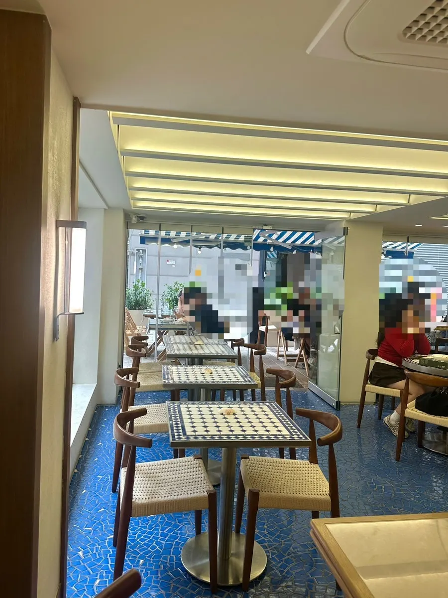 Indoor seating styled in white and blue