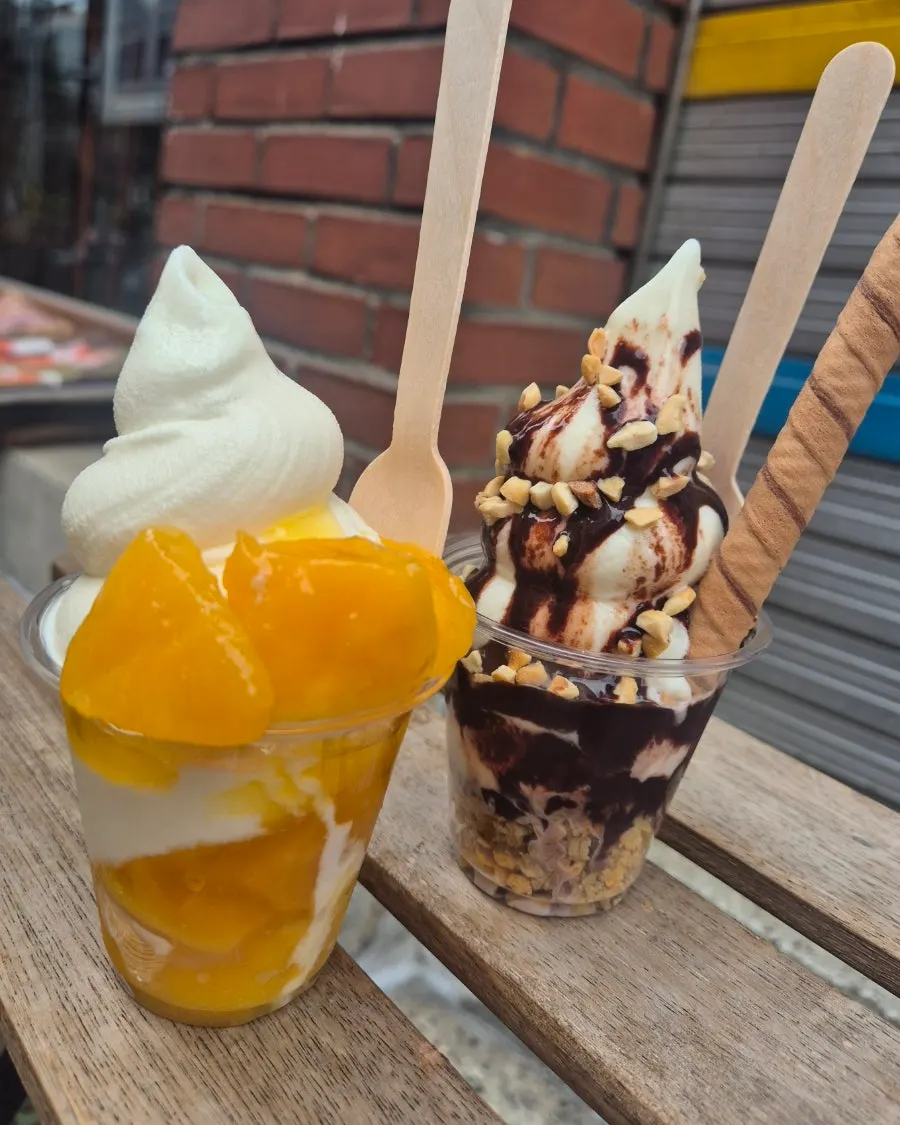 Deep chocolate ice cream topped with toppings