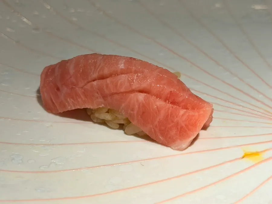 A piece of bluefin tuna sushi