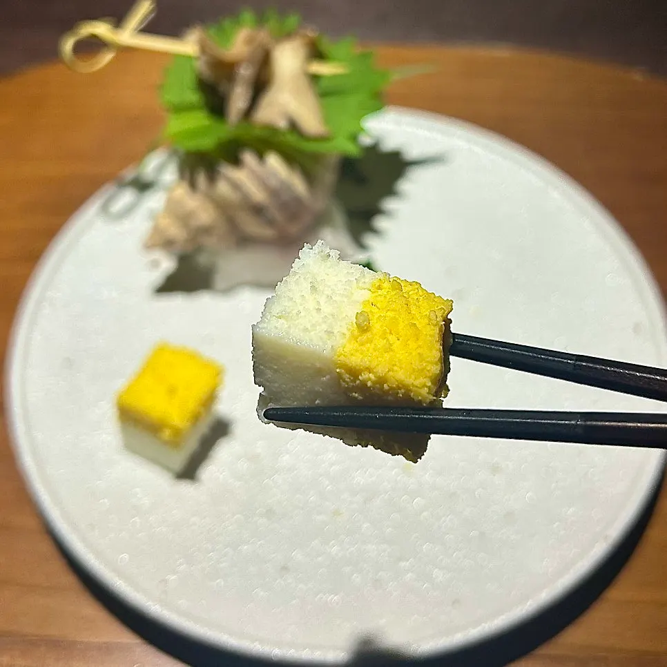 Fried flounder with pollack roe and Japanese-style castella egg roll