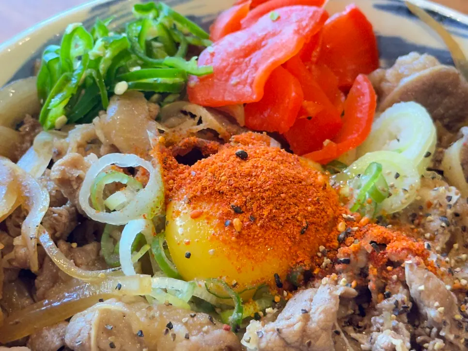 Japanese gyudon topped with thinly sliced beef short plate