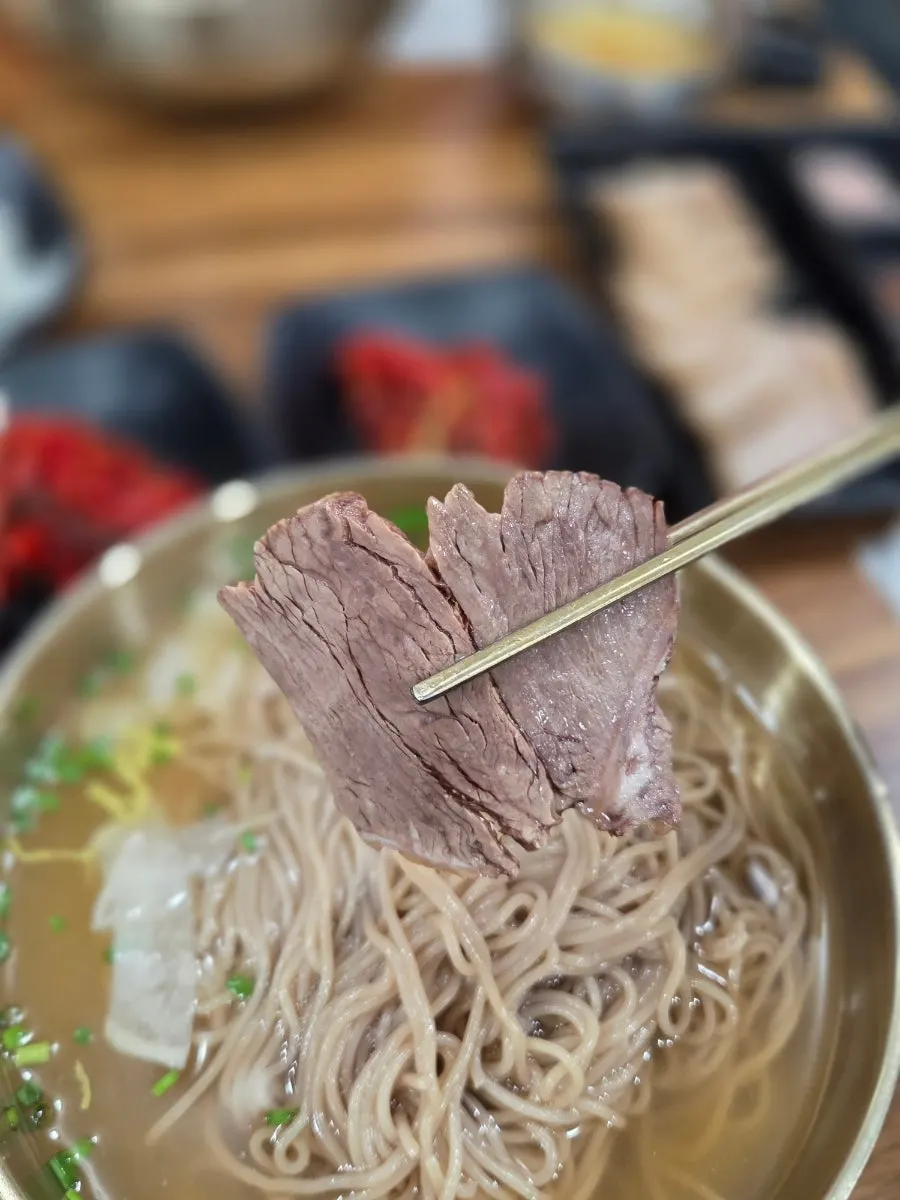 Pyeongyang naengmyeon topped with egg strips and pear