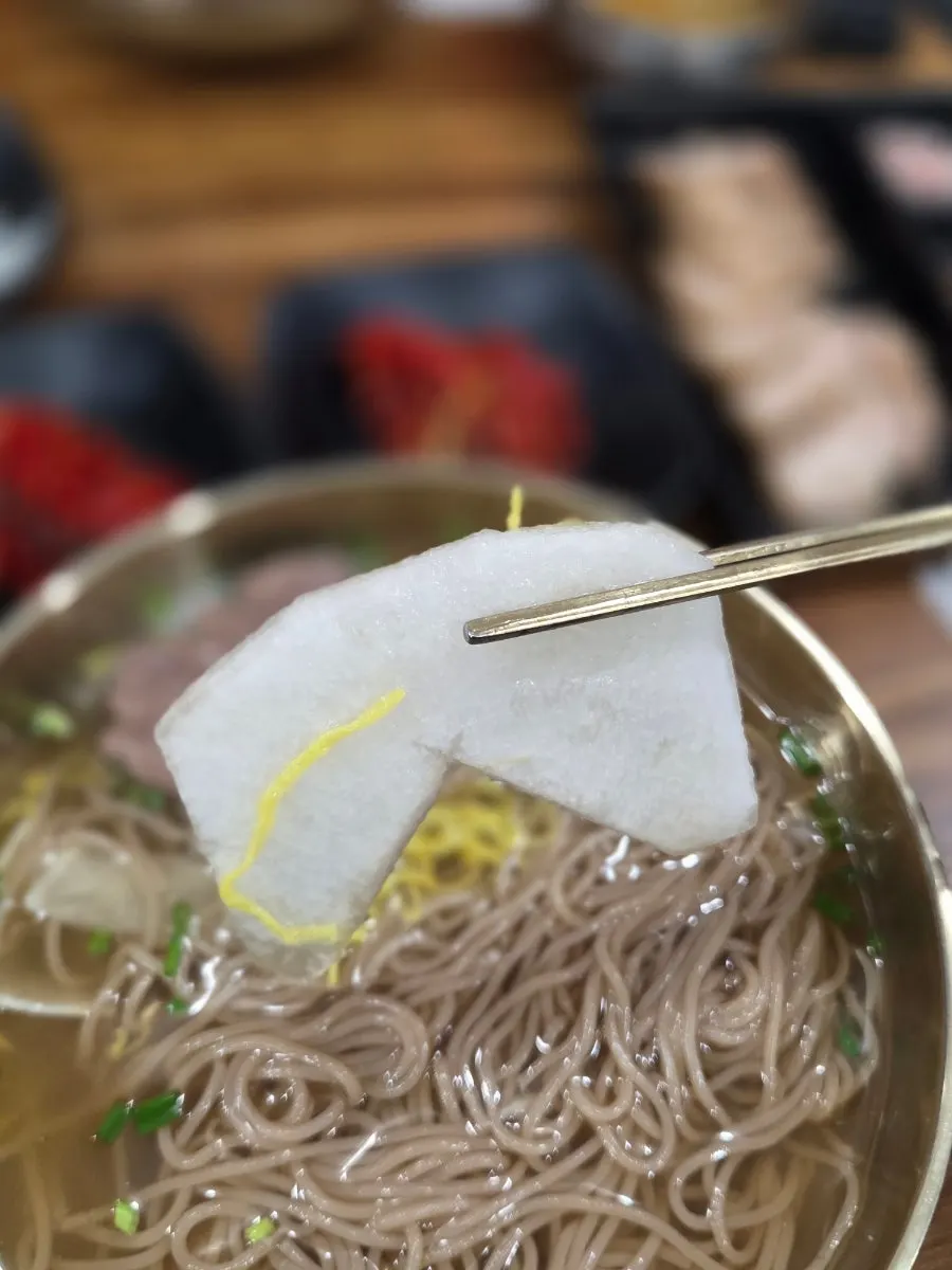 Close-up of Seoul Myeonok's pyeongyang naengmyeon noodles