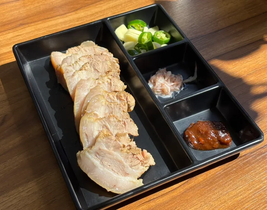 Half plate of pork belly boiled meat at Seoul Myeonok