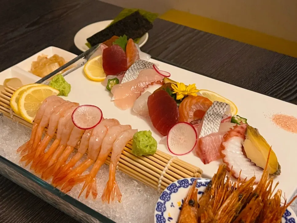 A spread of 12-kind sashimi and amaebi