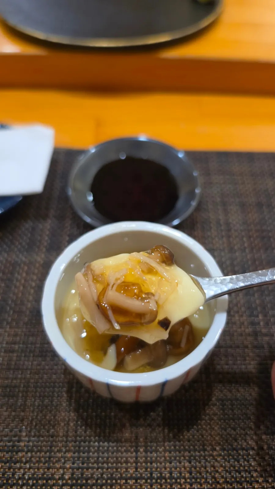 Inside the chawanmushi with shrimp and mushroom