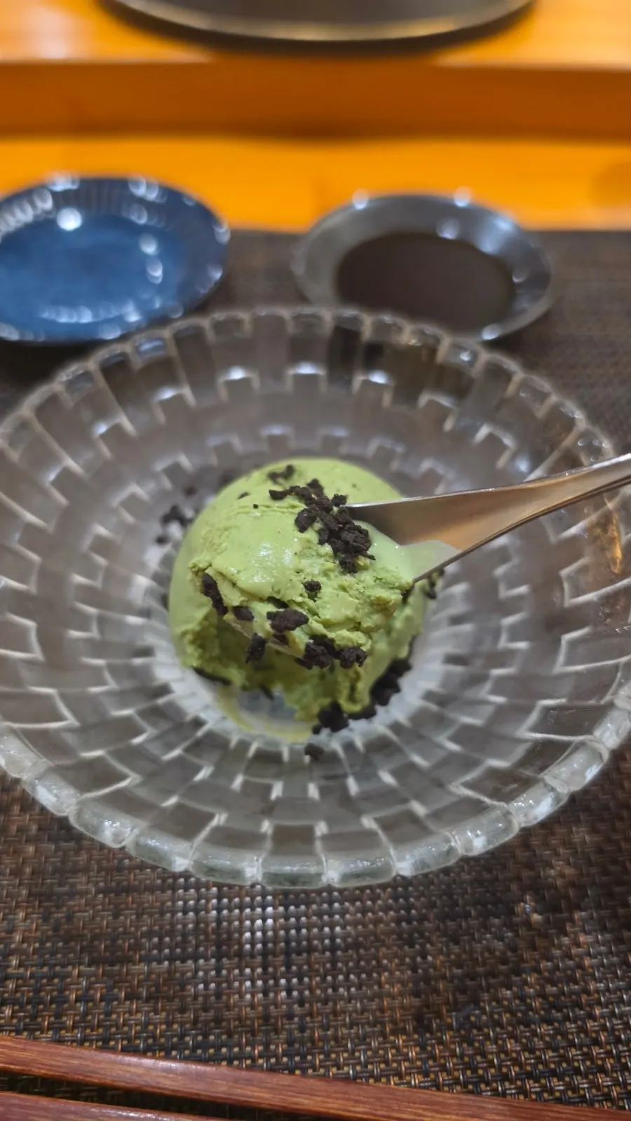 Matcha ice cream dessert with chocolate pieces