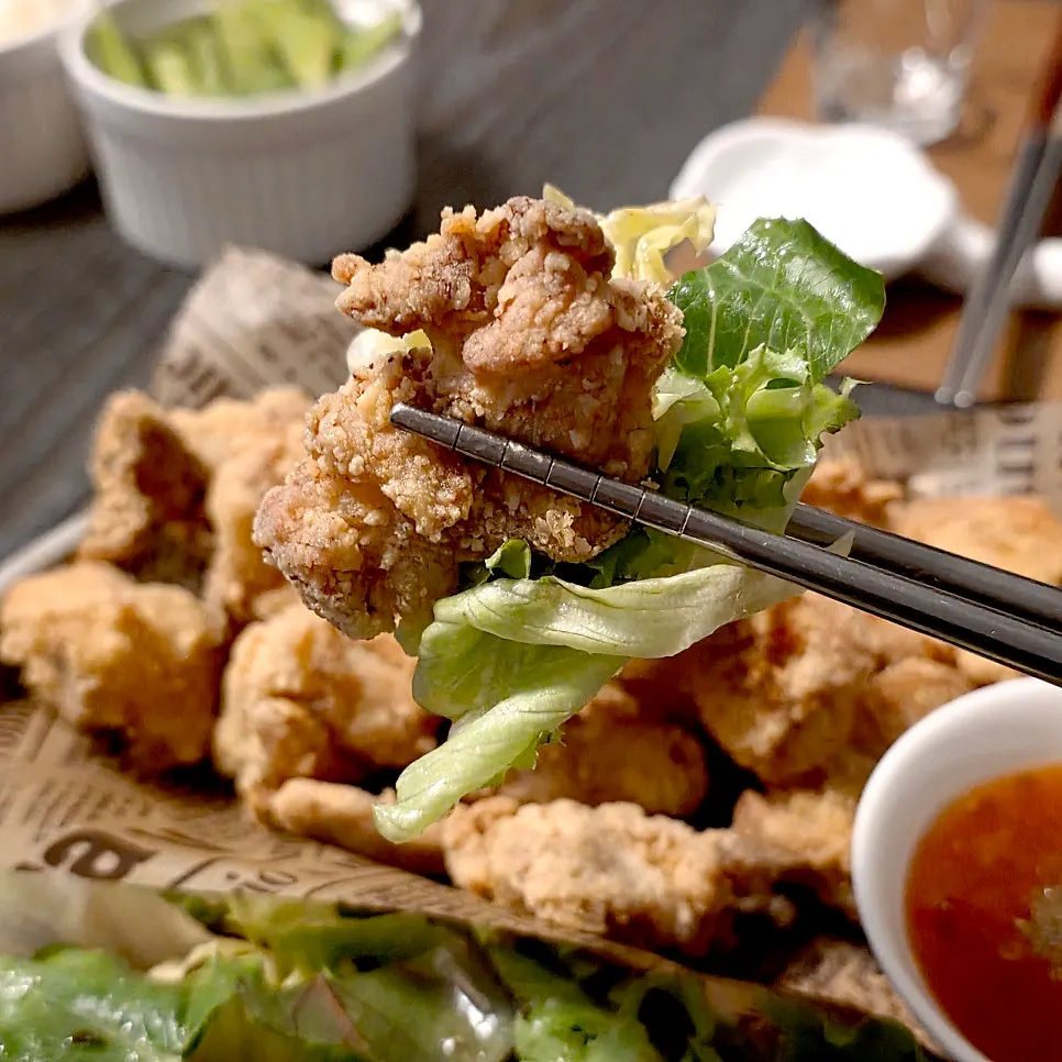 Chicken karaage with a thin batter coating