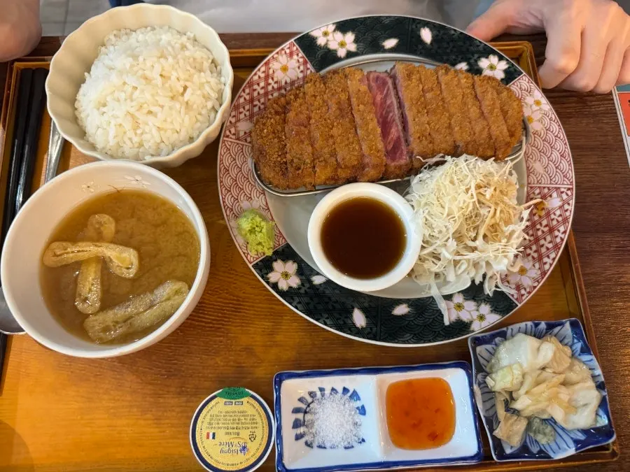 Gyukatsu meal served with rice and soup