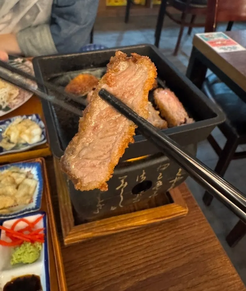 Gyukatsu meat cooked on the tabletop grill