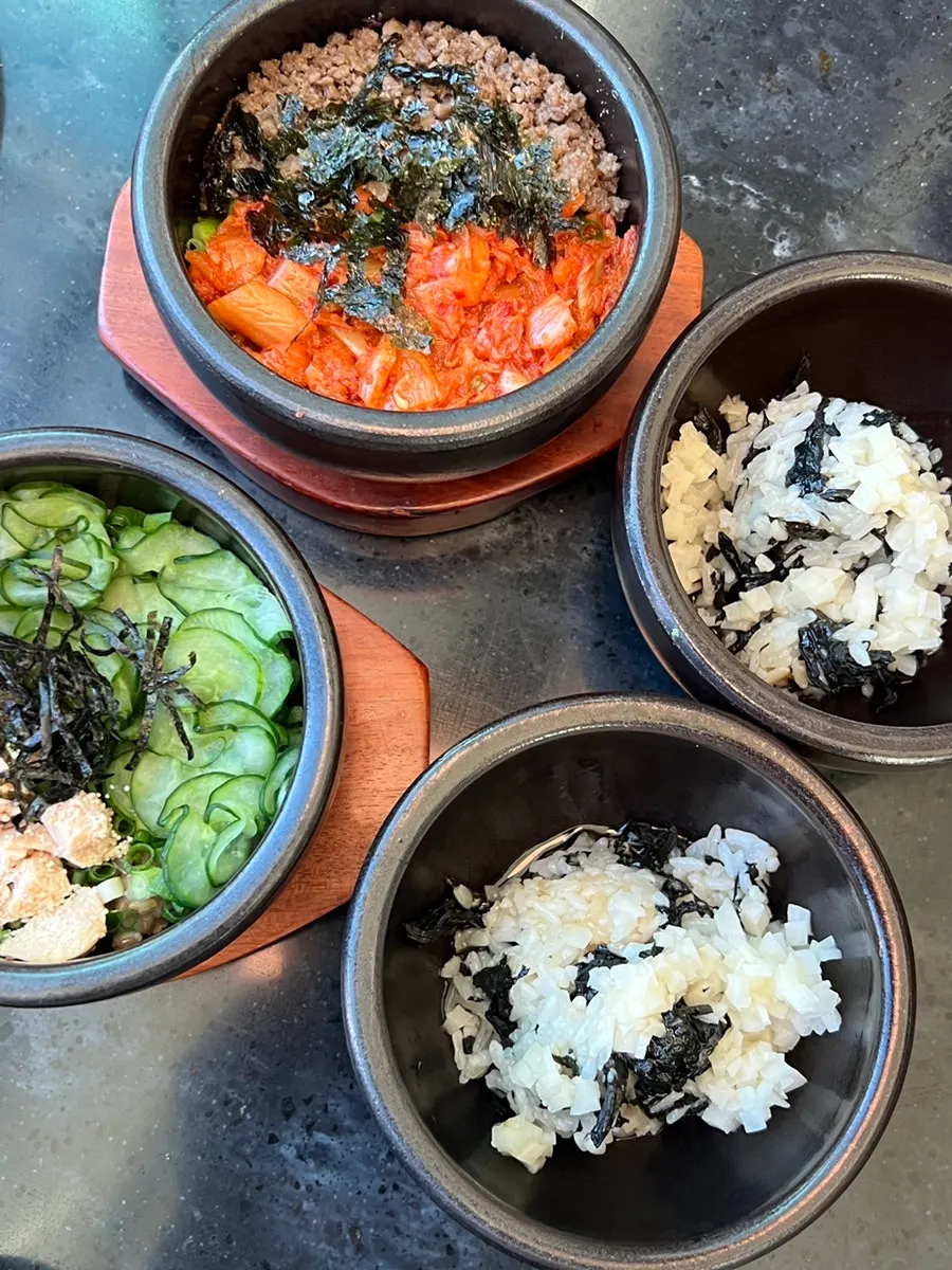Kalguksu noodles and minari in doenjang broth