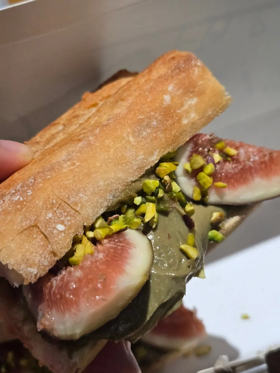 Close-up of the fig pistachio baguette