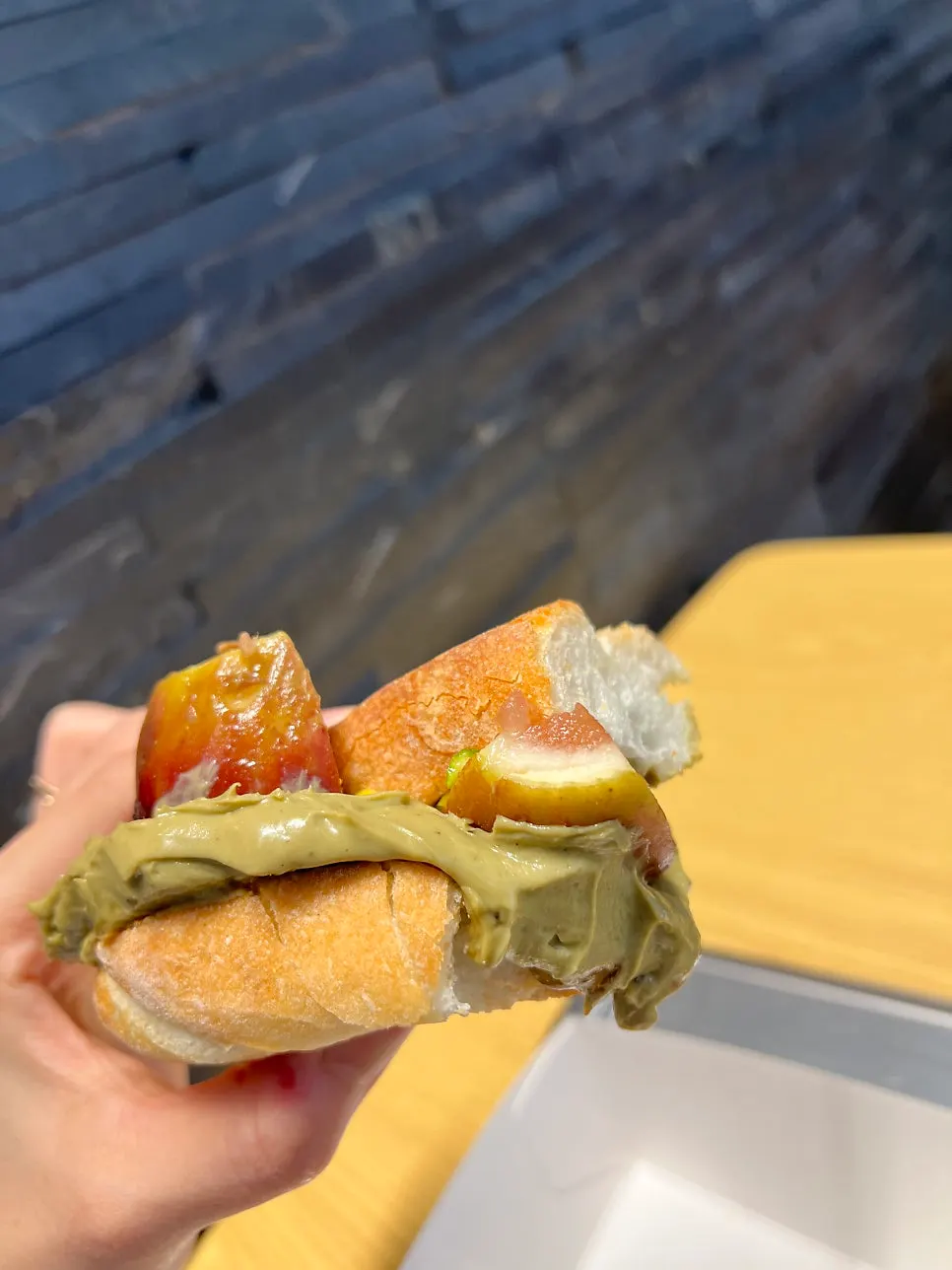 Cross-section of the fig pistachio baguette
