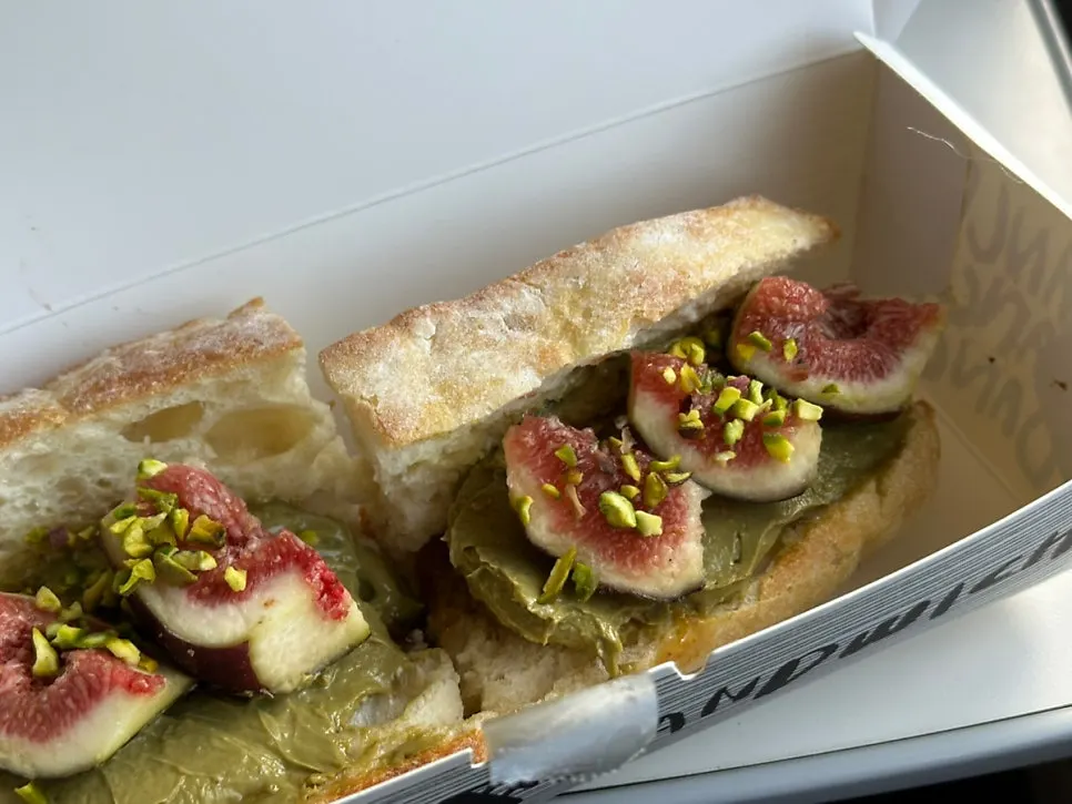 Cross-section showing pistachio tofu cream cheese and fig