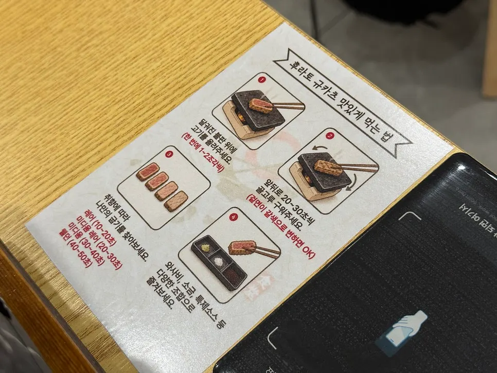 개인 화로에 규카츠를 올려 굽는 모습