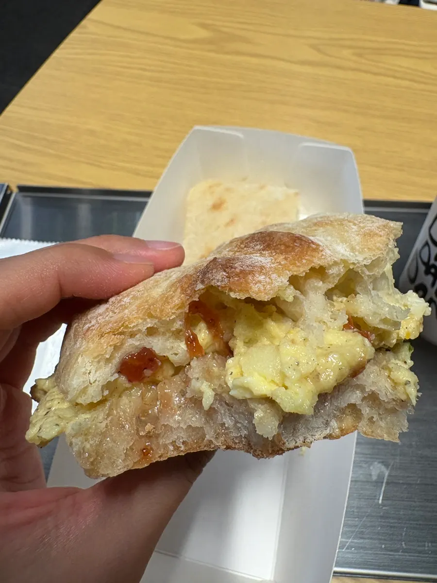 Cross-section of the ham and egg sandwich with a hint of pepper