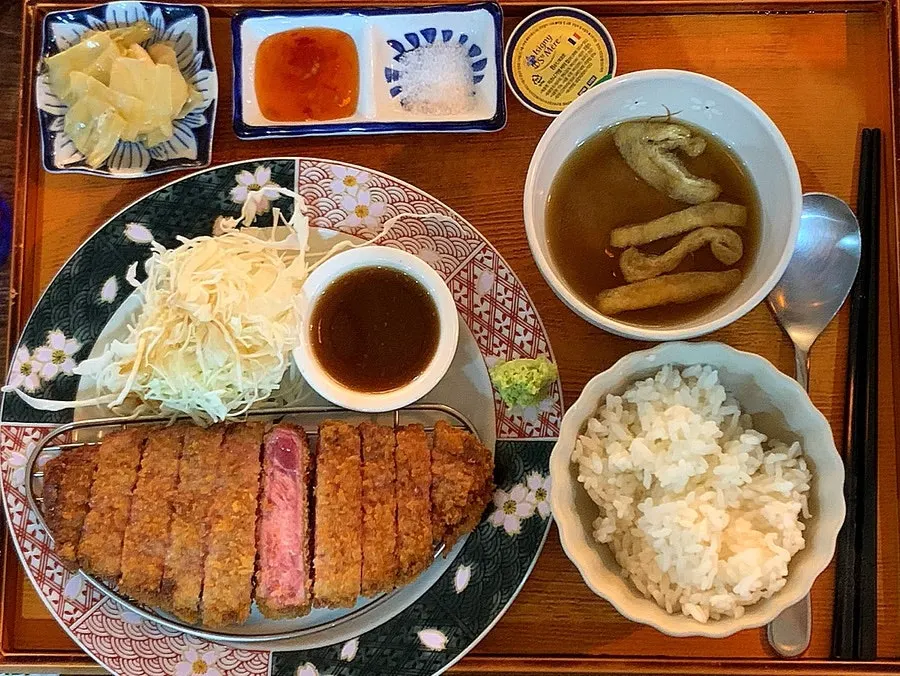Ichigyu gyukatsu set with salad, rice, and soup