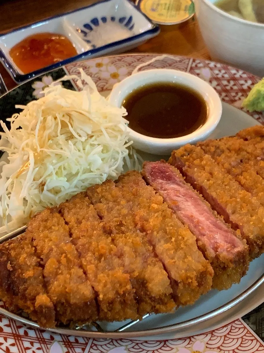 Close-up of thinly breaded sirloin gyukatsu