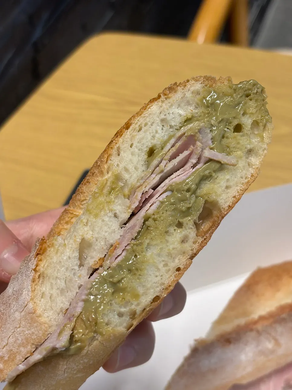 Cross-section of the jambon pistachio baguette