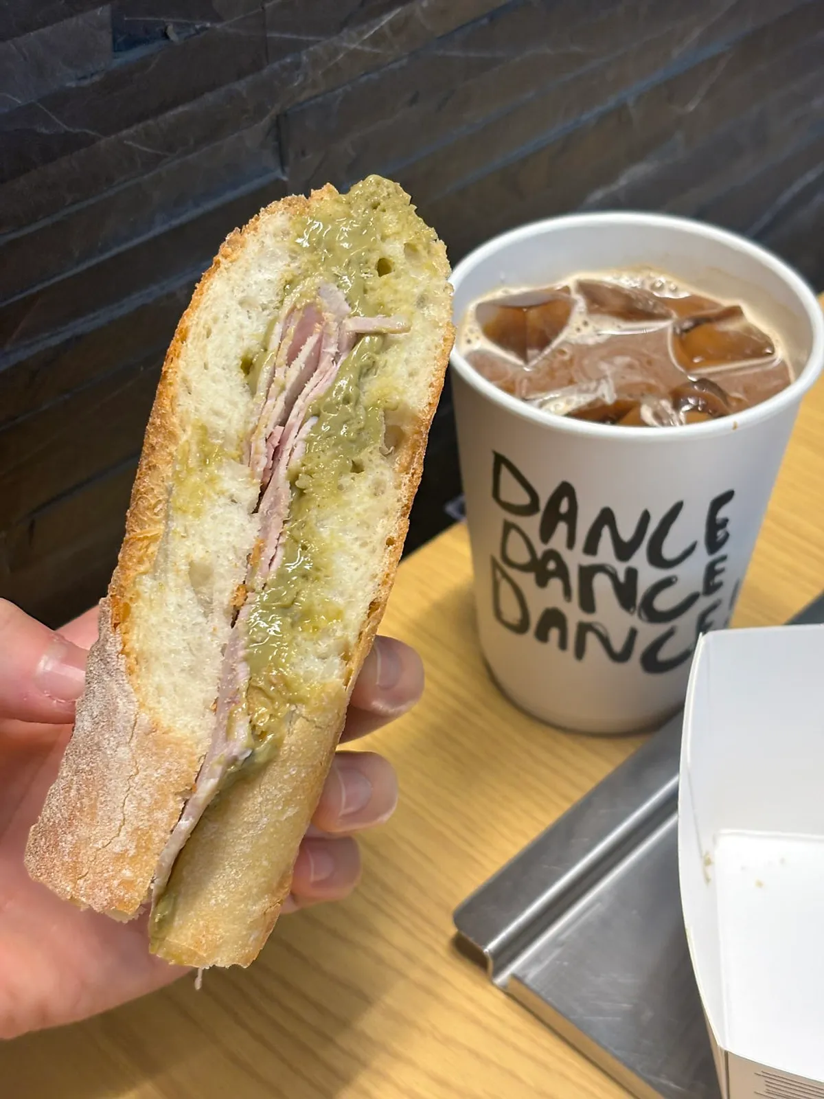 Baguette paired with a sugar-free oat latte
