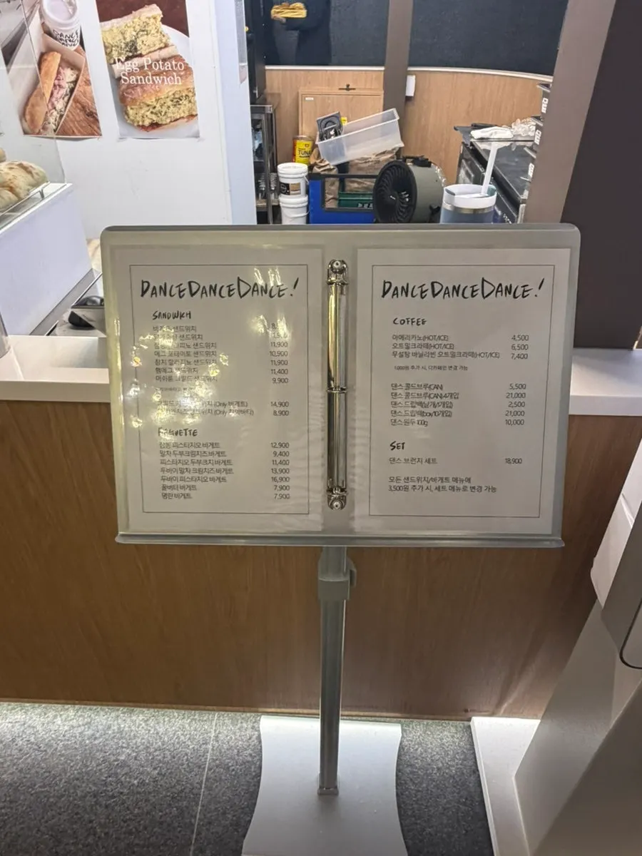 Menu board of baguettes and sandwiches at Dance Dance Dance Seoul Station