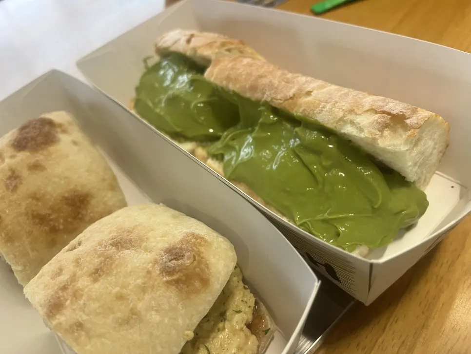 Egg potato sandwich and matcha tofu cream cheese on the table