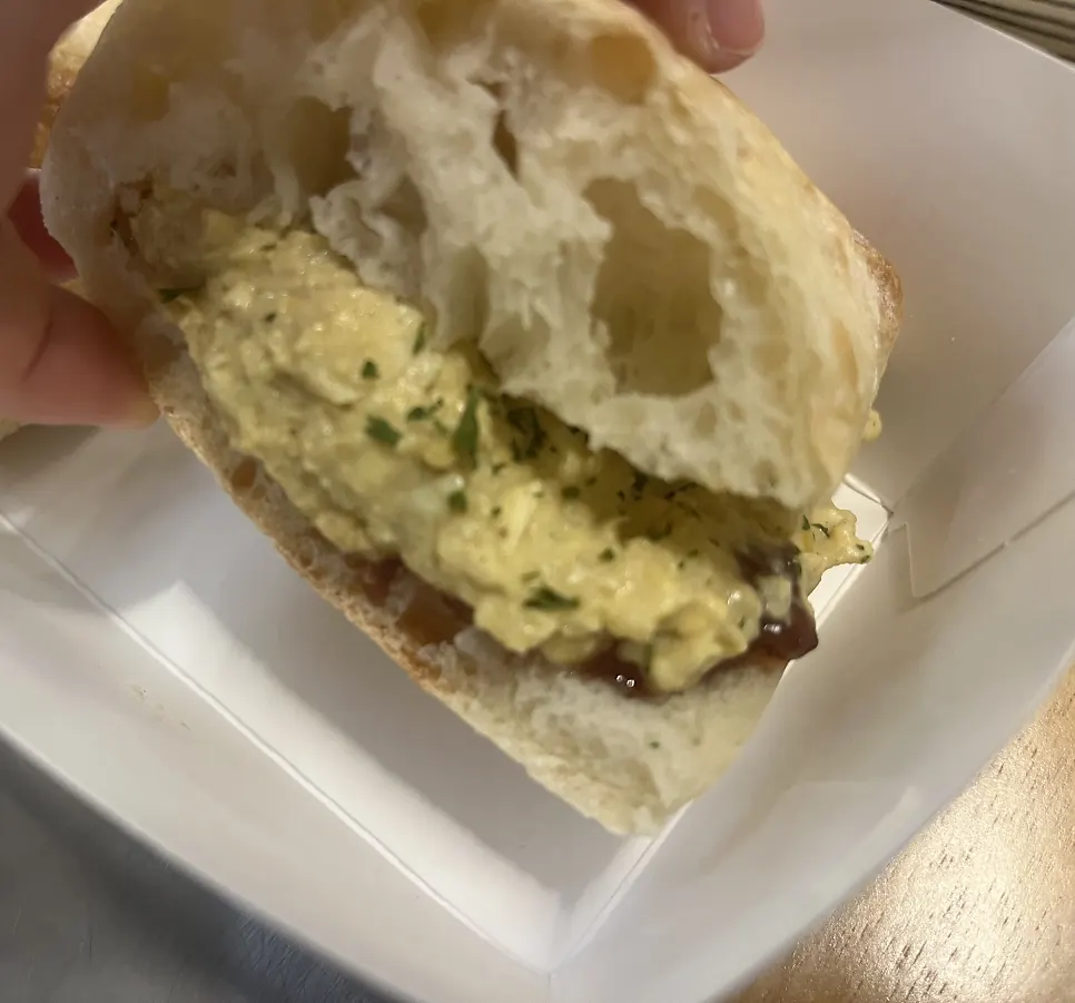 Close-up of the matcha tofu cream cheese with double matcha topping