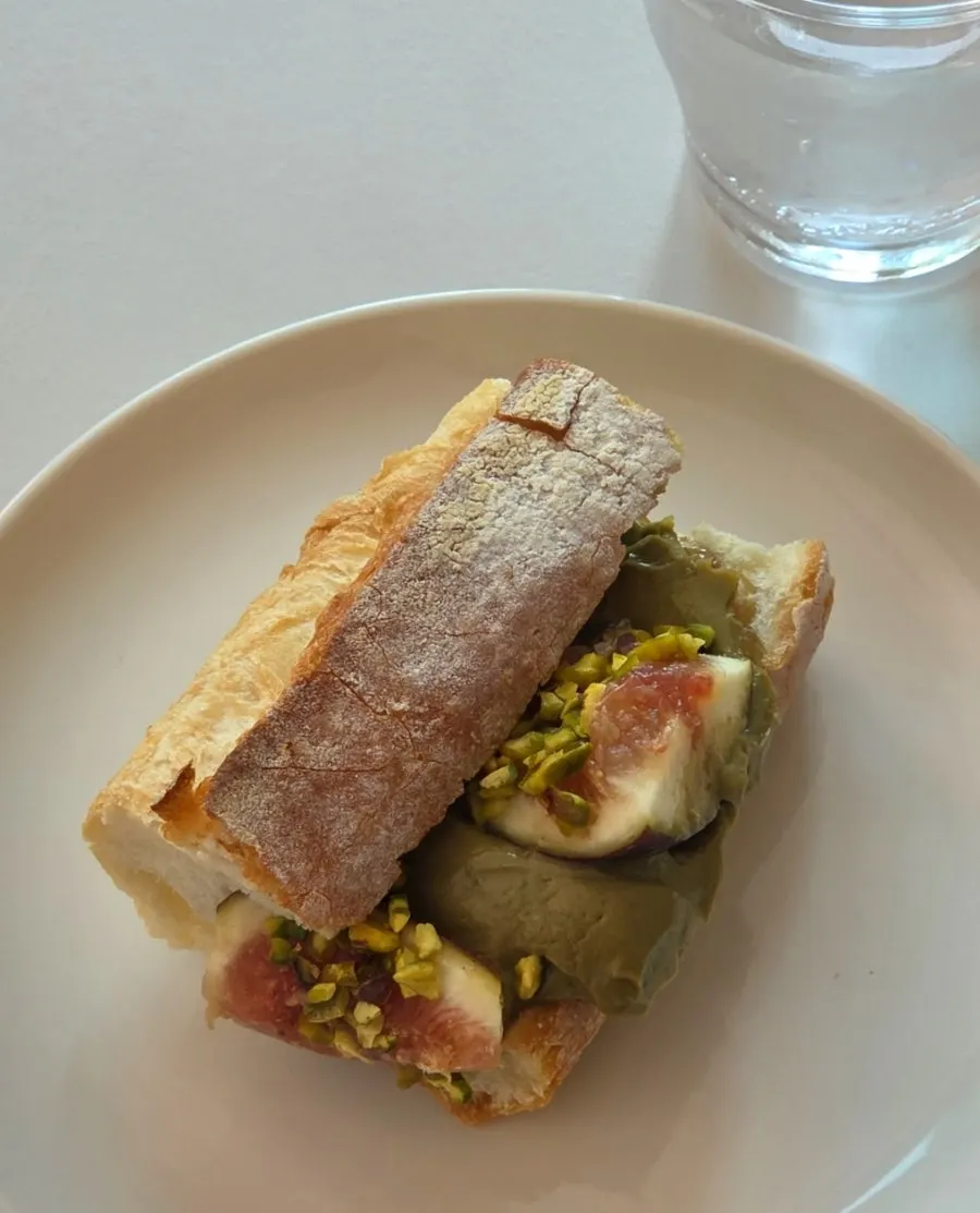 Baguette with generous pistachio cream