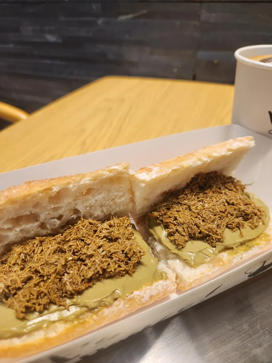Pistachio tofu cream cheese baguette loaded with kataifi