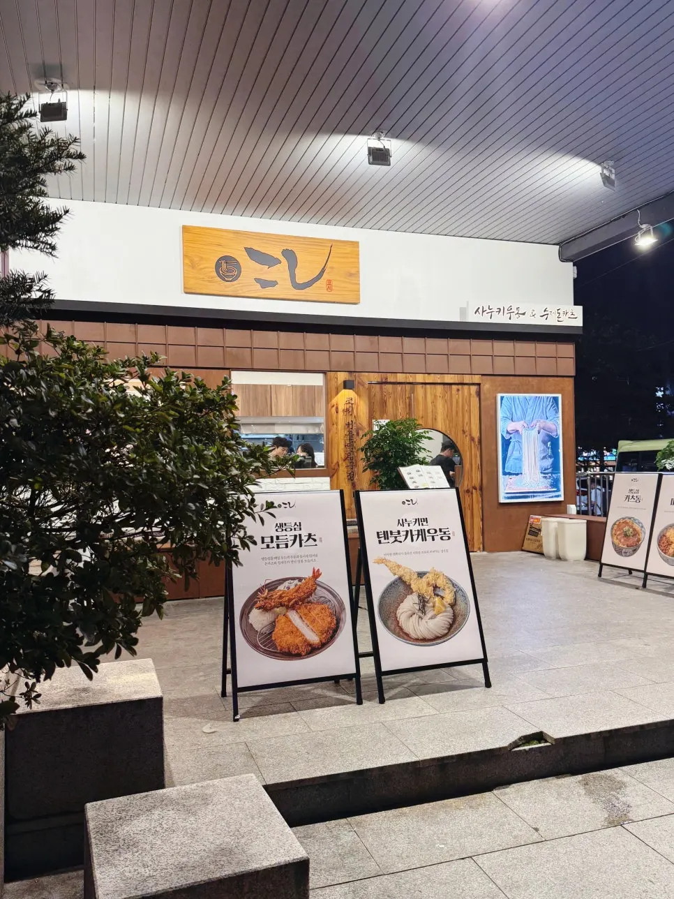 A meal of tori-ten bukkake udon, gyudon, and tonkatsu