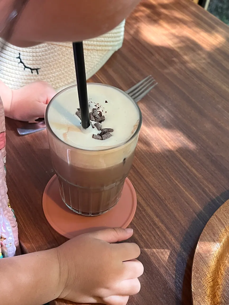 Close-up of the cream choco latte topped with cream