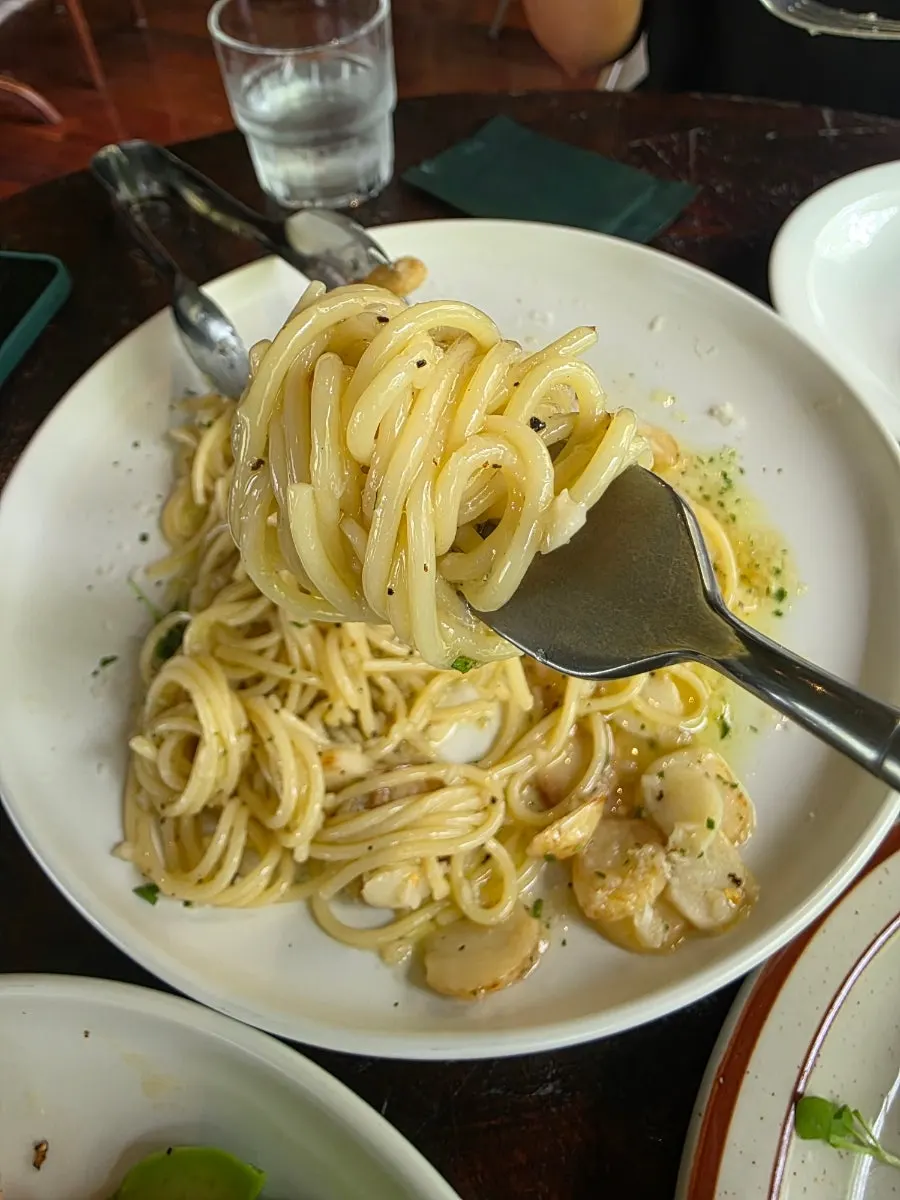 Nearly finished plate of Sunny Garlic Pasta