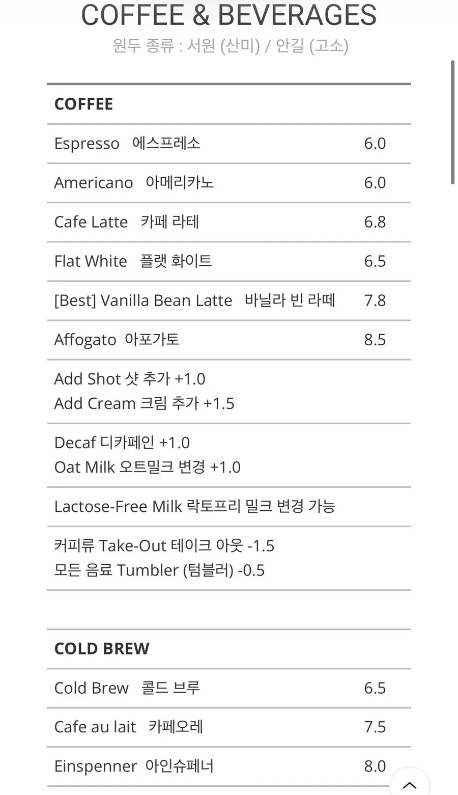서원안길 합정점 음료와 브런치 메뉴판