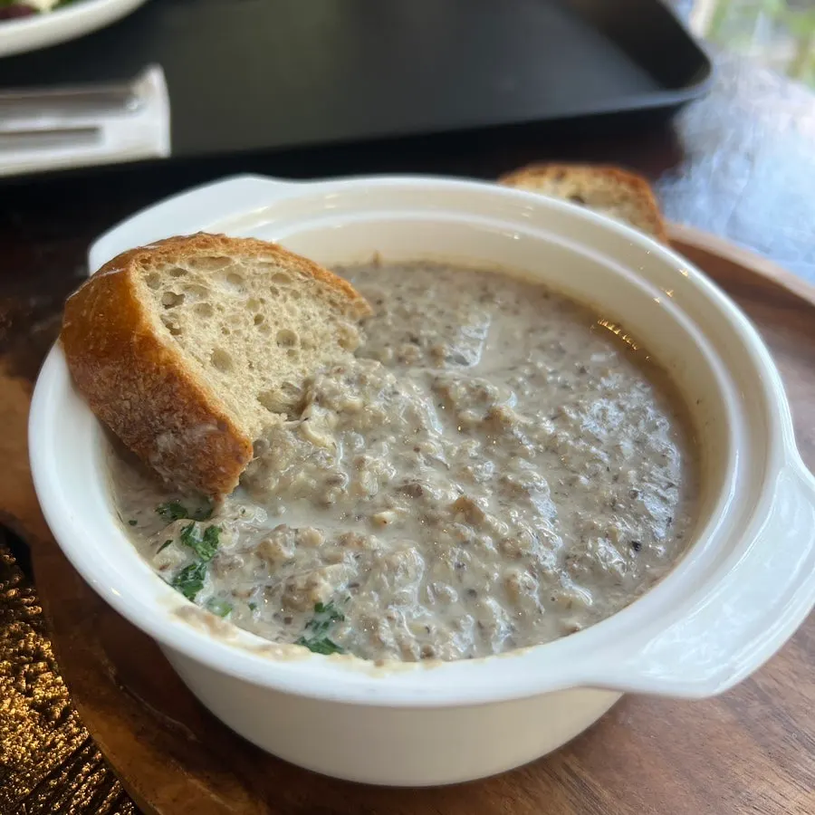 Close-up of the mushroom soup of the day