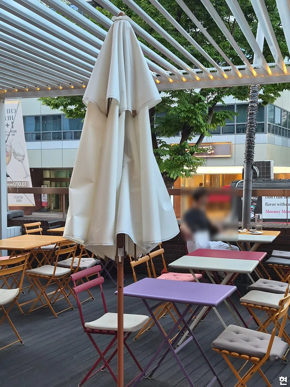 Shaded outdoor terrace seating at Seventy Four