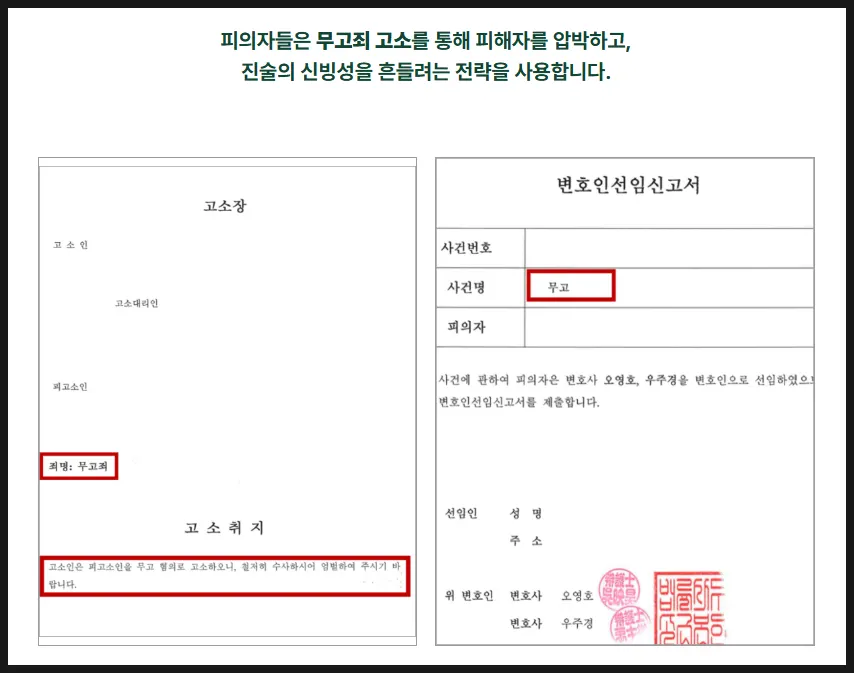 성범죄 사건에서 무고죄 고소가 피해자를 압박하는 위험 설명 이미지
