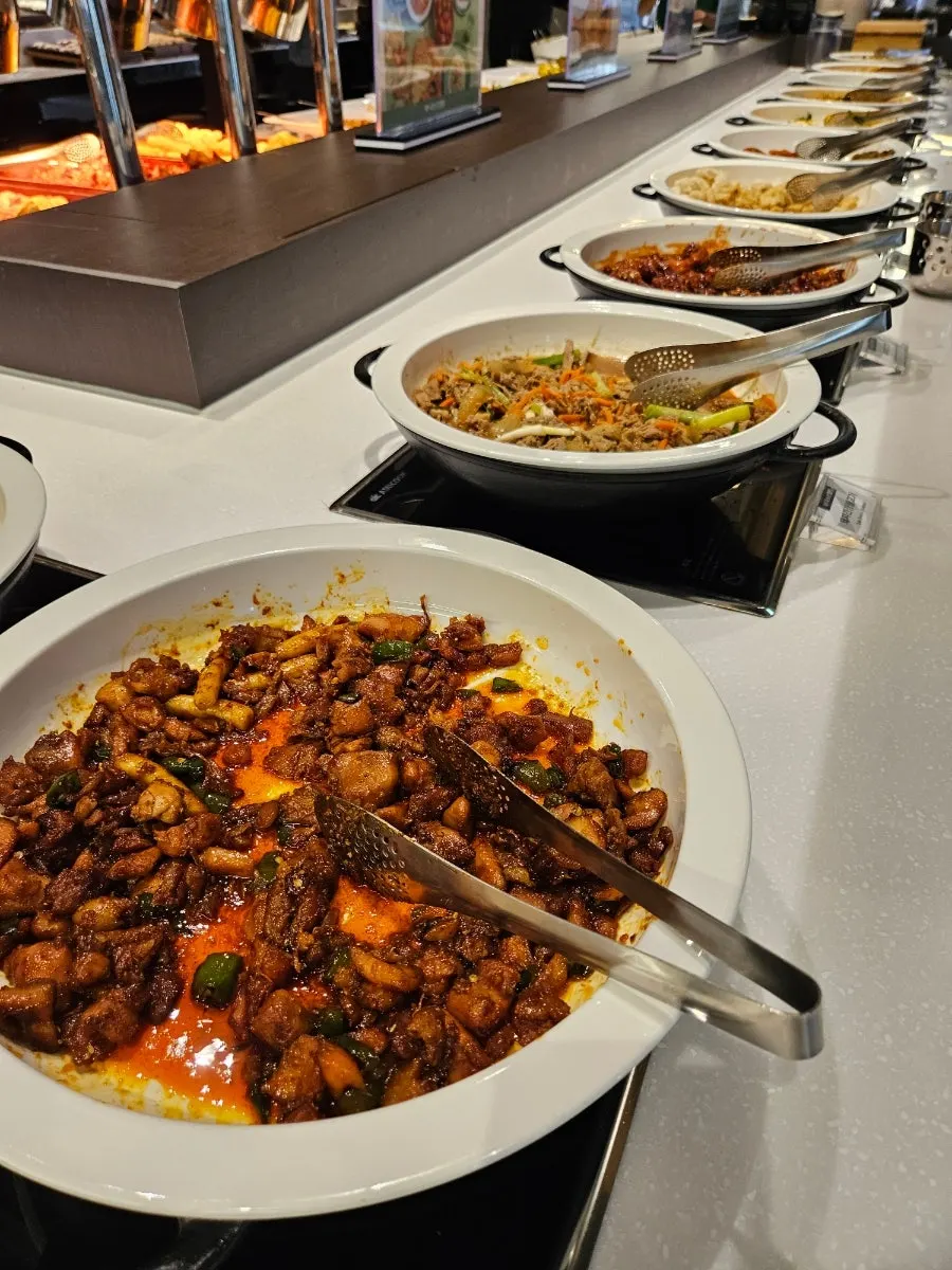 Buffet display with Chinese and Japanese dishes