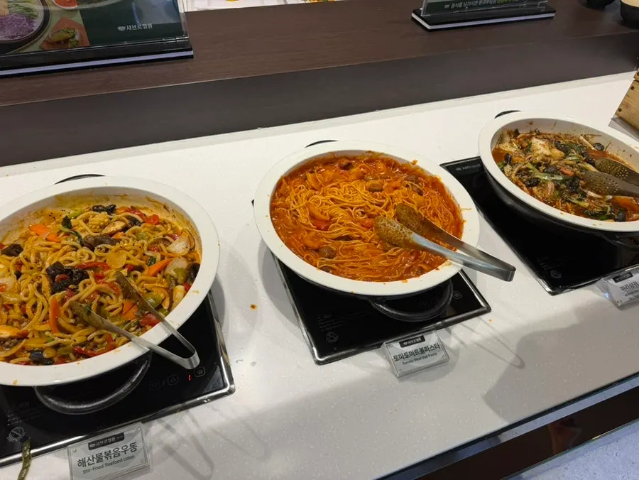 Buffet corner with Korean dishes and fried food