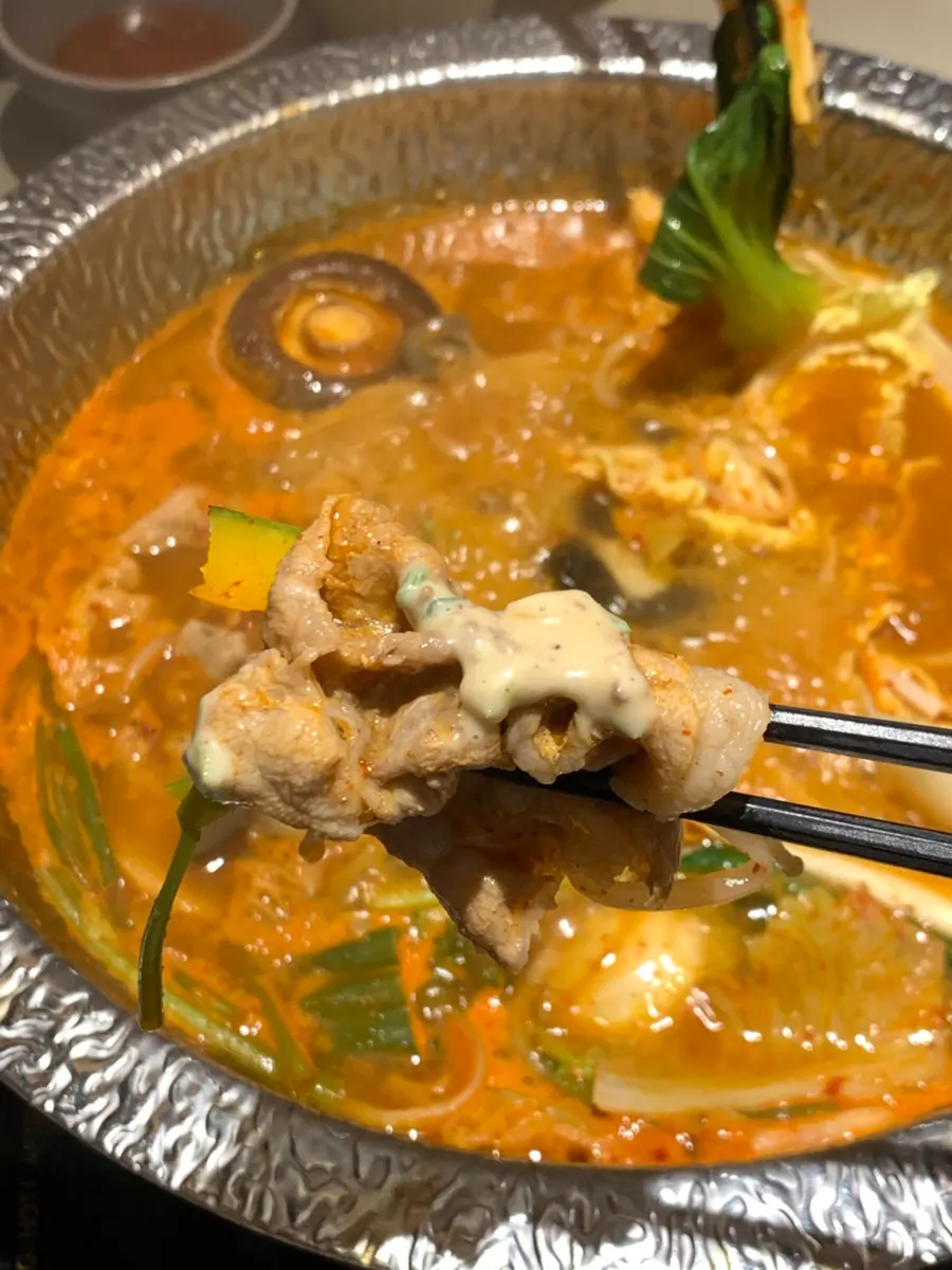 Black pork shabu and vegetables dipped in sesame sauce