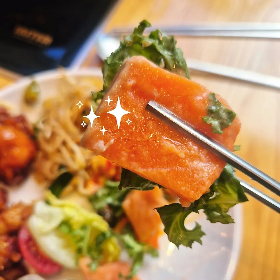 Buffet food piled on a plate at Shabu20 Daegu Bokhyeon branch