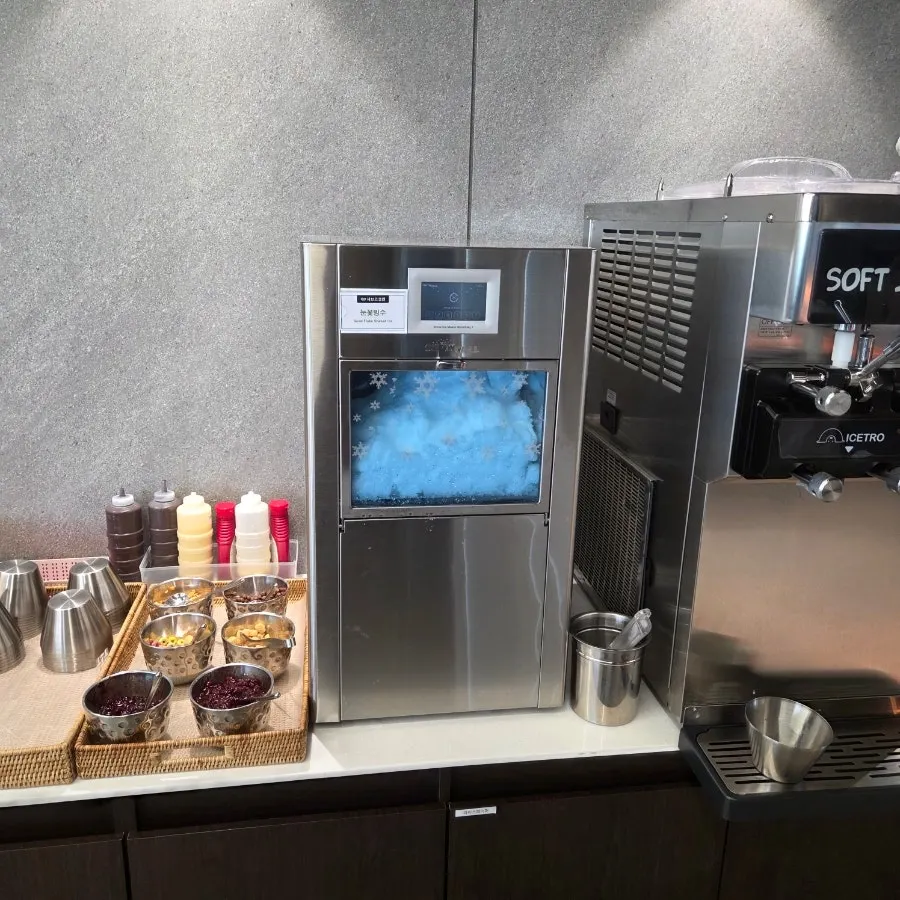 Dessert corner with bingsu syrups and toppings