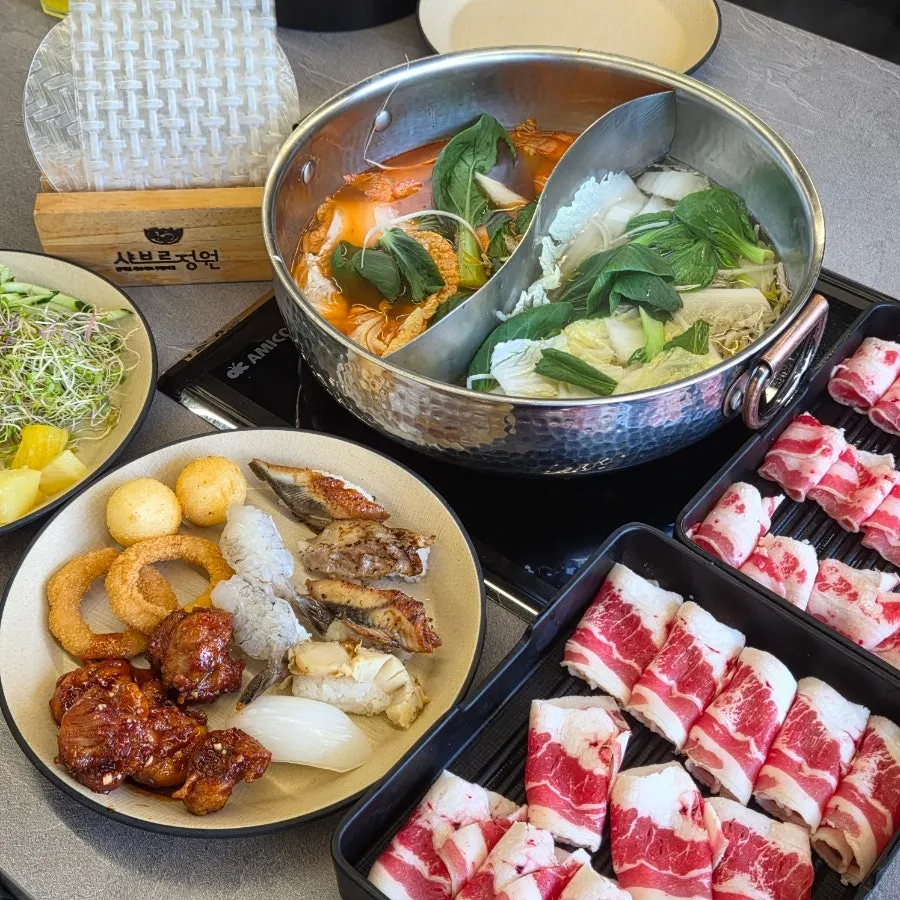 Beef brisket cooking in boiling shabu-shabu broth