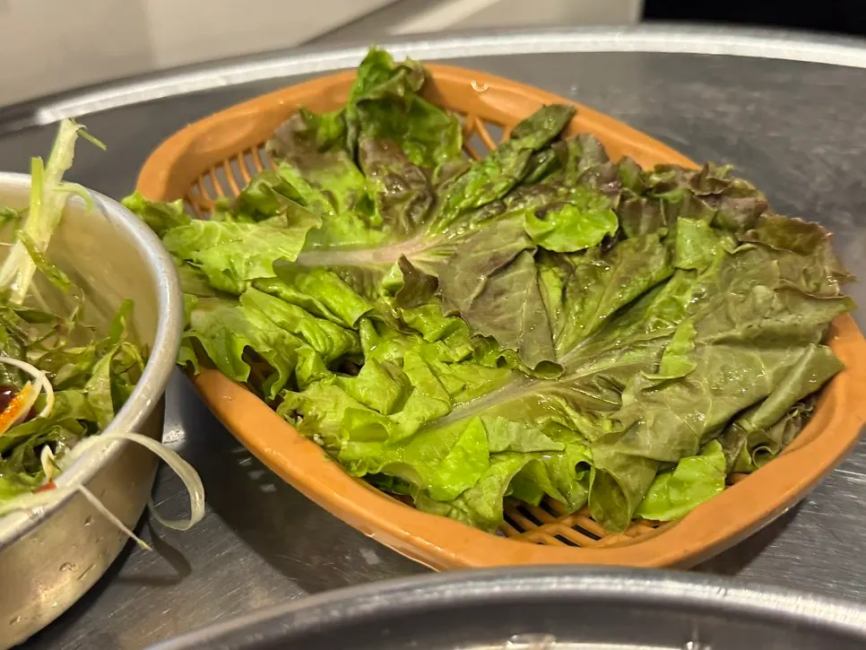 Basic side dishes including shredded scallion, lettuce, and kimchi
