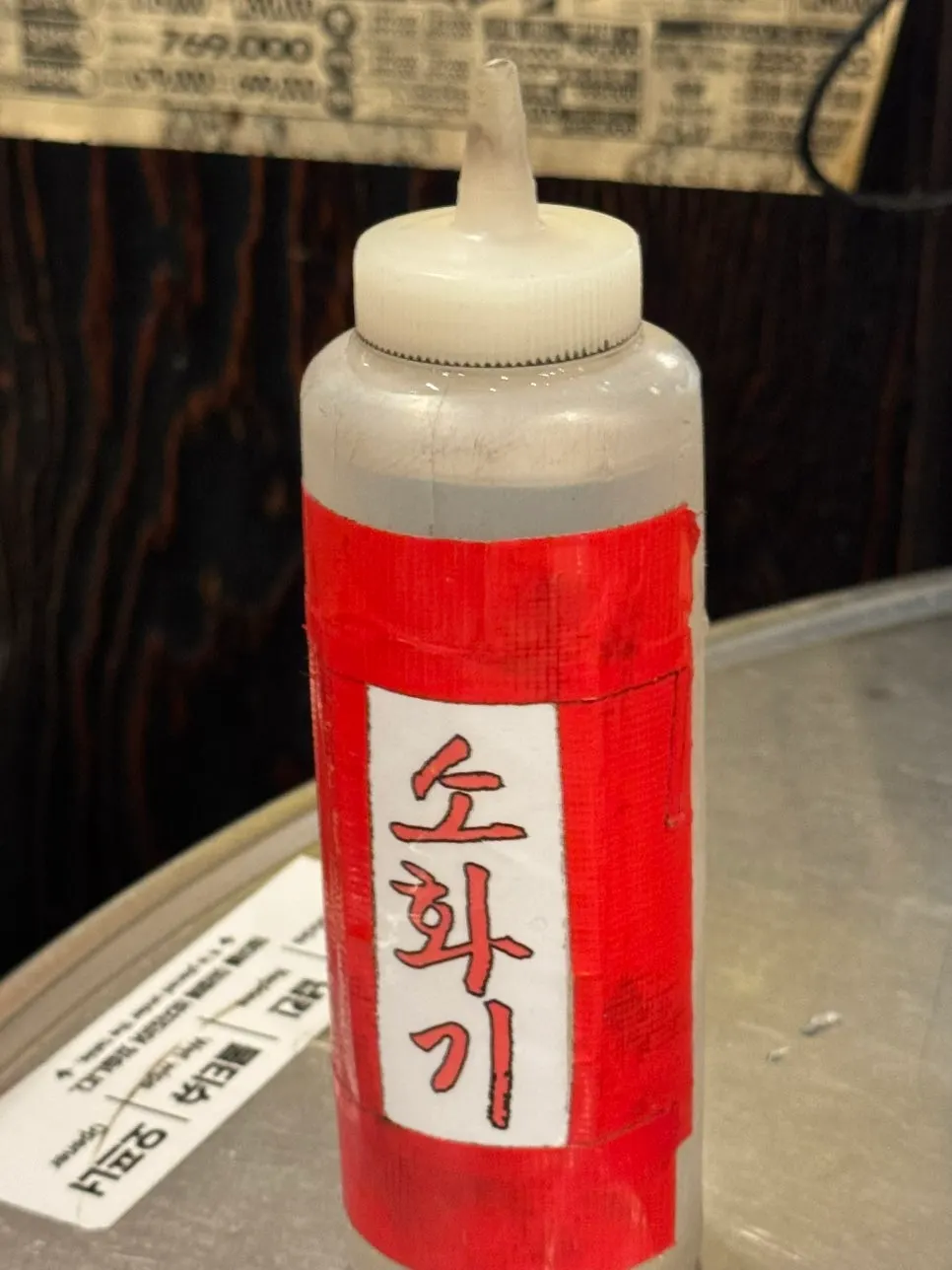 Spray bottle labeled "fire extinguisher" on the table