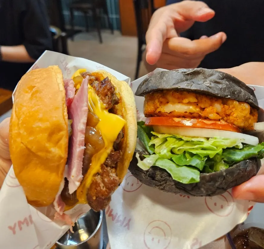 Inside of the shrimp burger after one bite