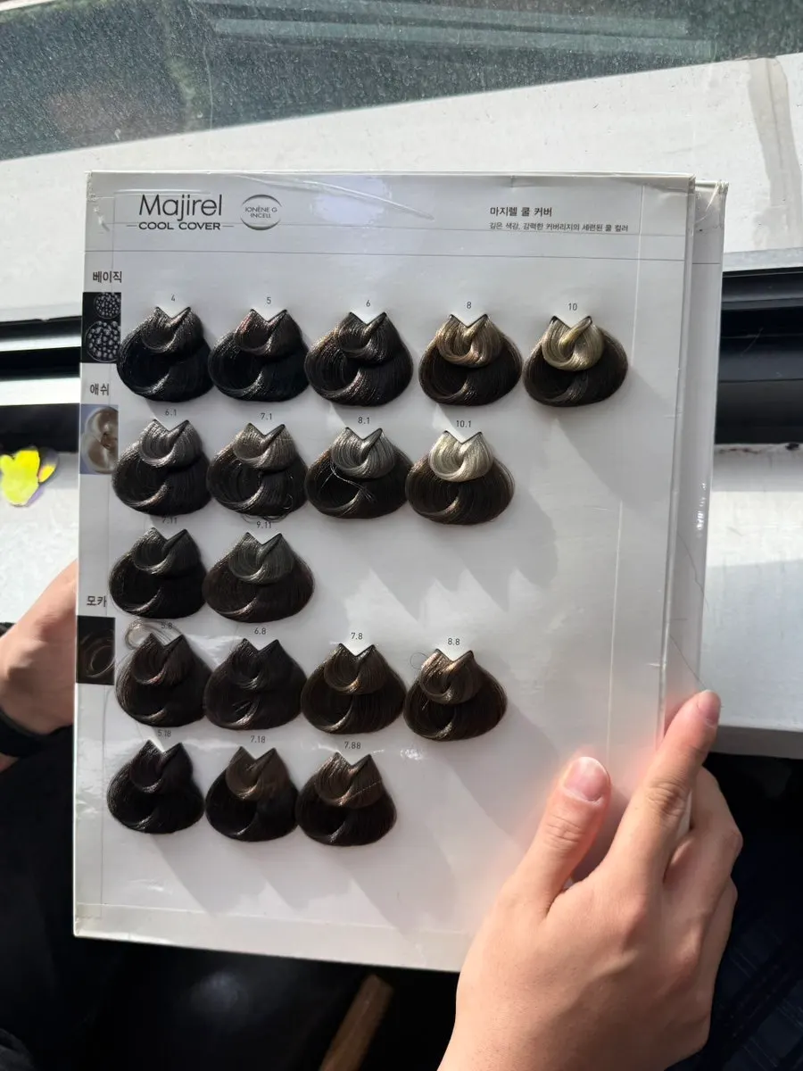 애쉬브라운 컬러 차트를 고르는 모습